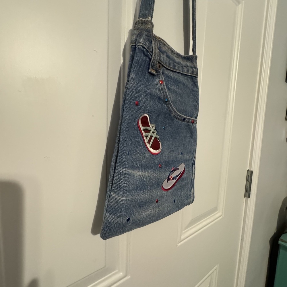 Denim Light Blue Jeans Handmade Purse With Print of Sandals